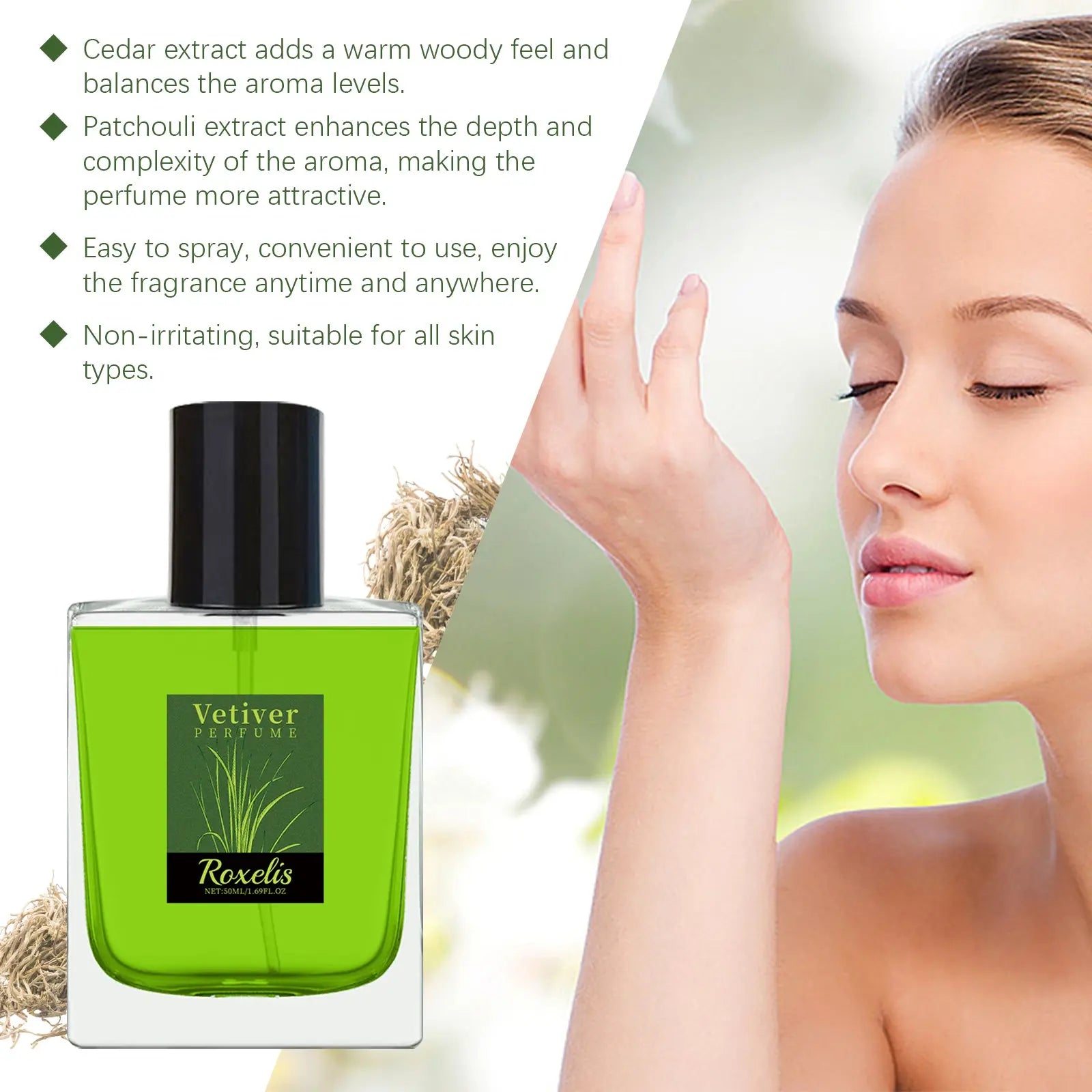 Roxelis Vetiver Fresh Perfume Exudes Charm Natural Fresh Elegant Fragrance Stay Fragrance Everyday Portable Fragrance Perfume - SMSB 66