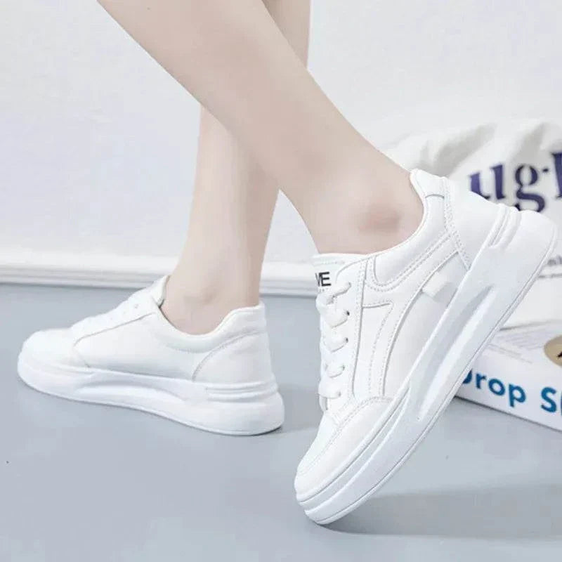 Women's white lace-up sneakers for casual and running, comfortable and stylish fashion shoes