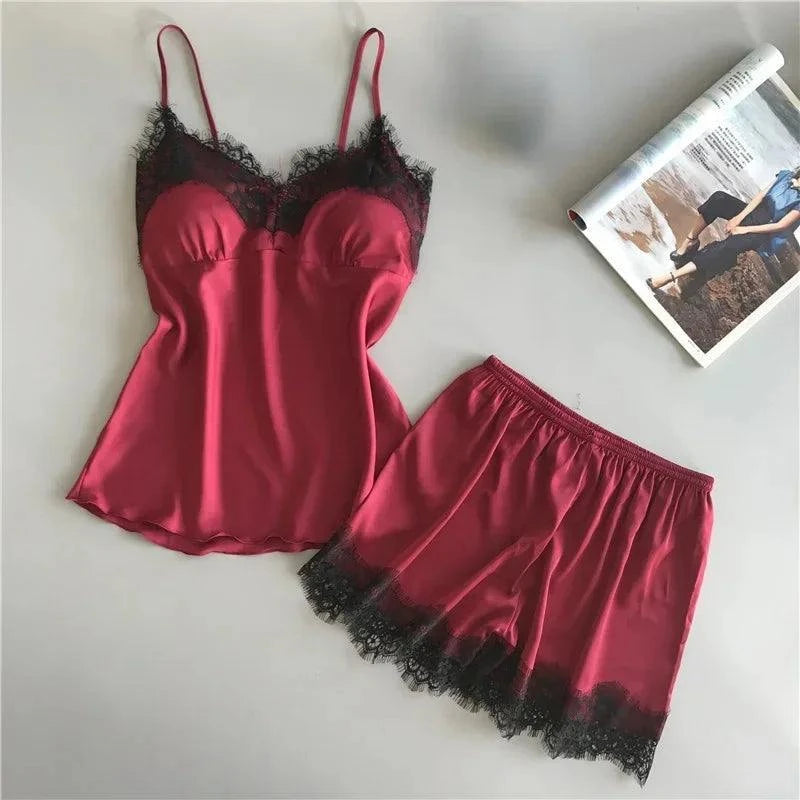 Sexy Lace Pajamas Suit Women V-Neck Sleepwear Lingerie Home Wear Nightwear Summer Casual Suspender Nighties Lounge Sets Clothes - SMSB 66