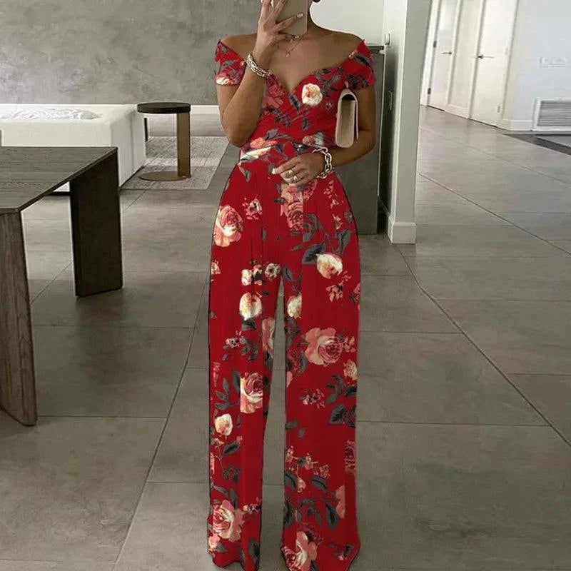 2025 Summer women's fashion temperament trend commuter print wide leg jumpsuit - SMSB 66