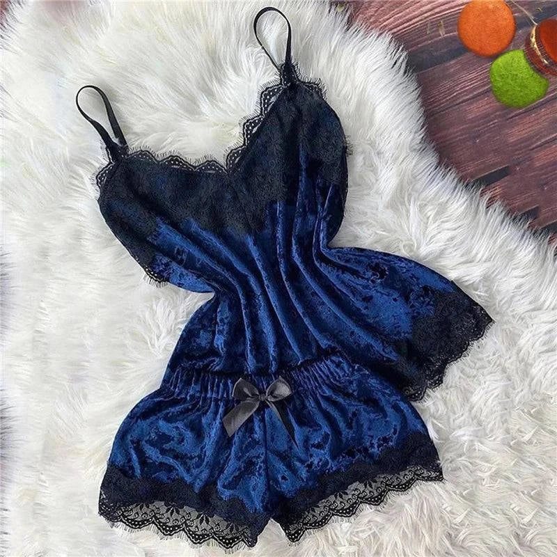 Sexy Lingerie Women Sleep Wear Camisole Bow Shorts V-Neck Tops Velvet Pajamas Sleepwear Women Clothing For Homewear - SMSB 66