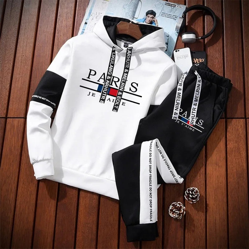 2025 Urban Fashion Street Style Hoodie Sportswear Paris Print Mens Sweatshirt Sweatpants Autumn Winter Casual Sporty Jogger Set - SMSB 66
