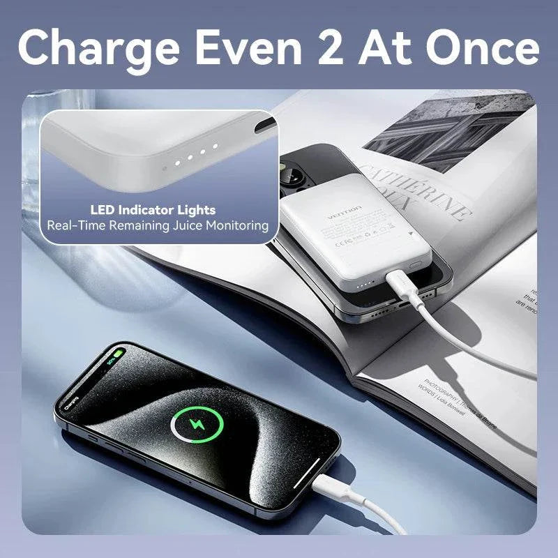 Vention Magnetic Power Bank PD 5000mAh wireless fast charger with LED indicator lights charging two iPhones simultaneously