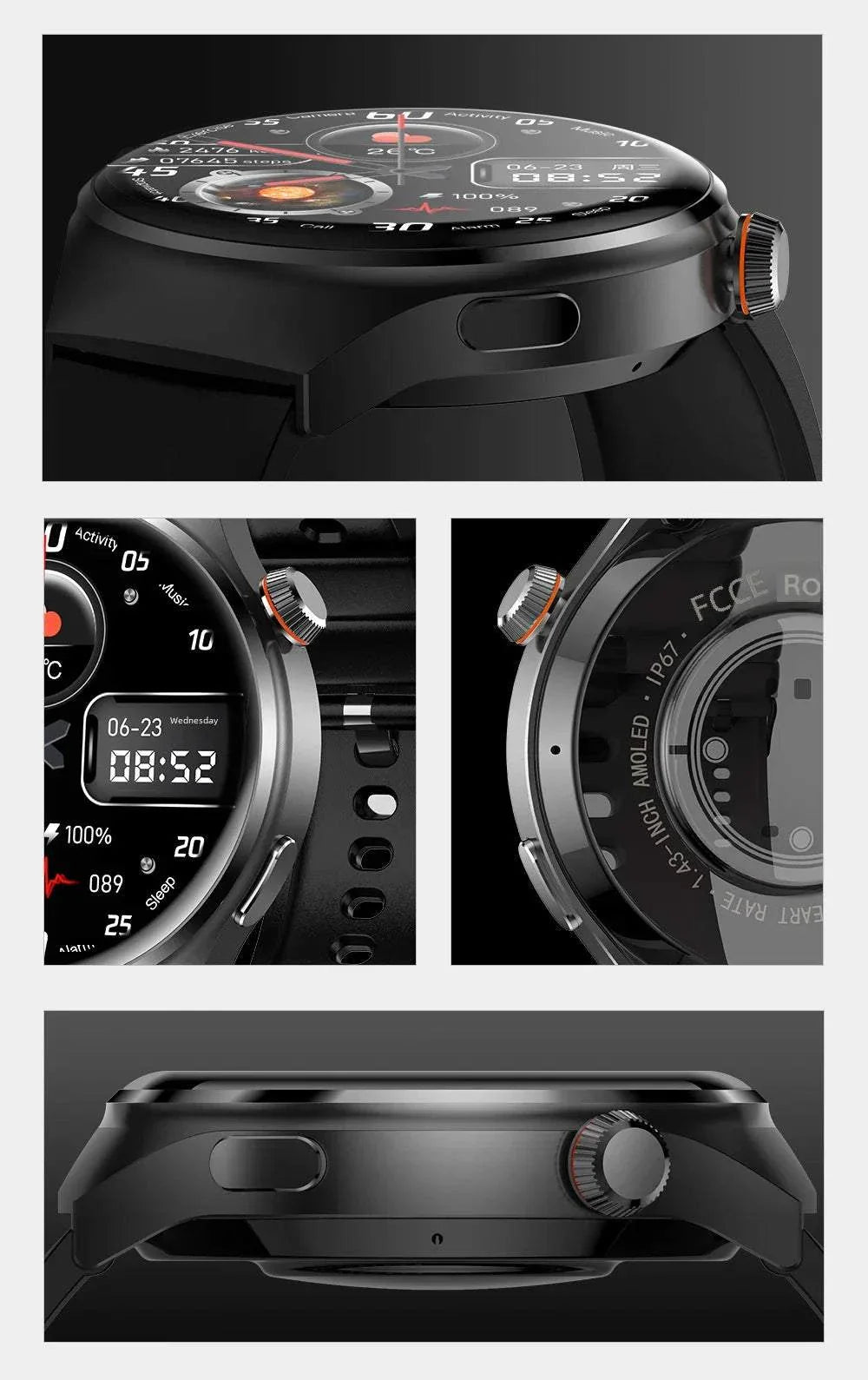 NFC men's smart watch with 1.43-inch AMOLED round screen, Bluetooth call, heart rate and sports tracking features