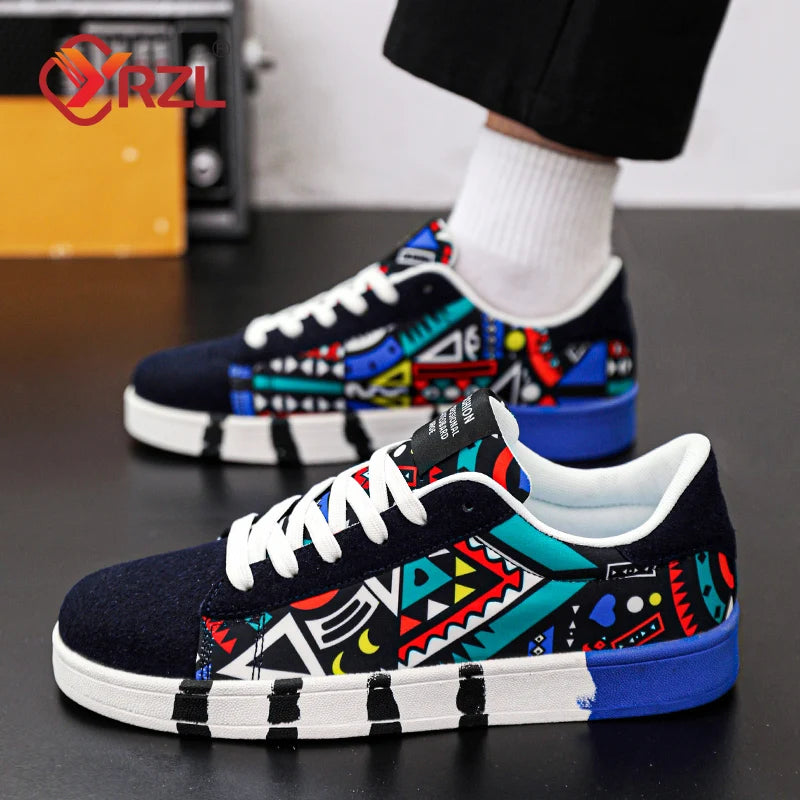 YRZL Men's Sports Running Shoes Canvas Geometric Style Lace-Up Sneakers Couples' Fashionable Graffiti Print Skate Shoes Men - SMSB 66