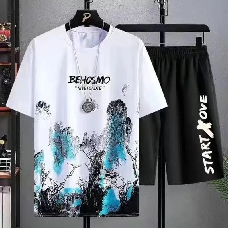 2024 Summer leisure Men set Manga Graffiti Tees T-shirt+shorts 2-piece Comfortable and breathable for men Top Print Tshirts sets SMSB 66