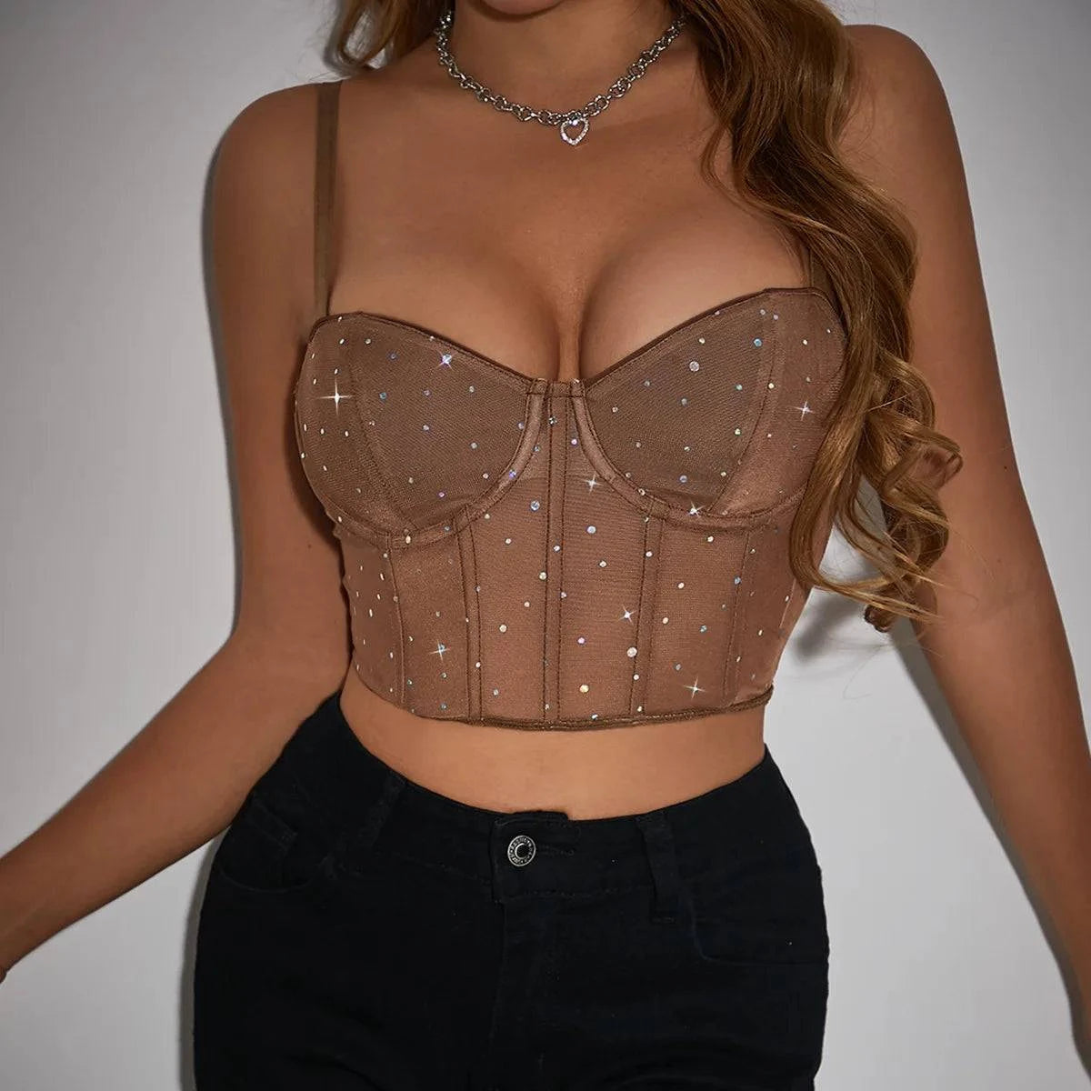 Women Mesh Stitching Cami Crop Top Sequin Decor Slimmer Corset Bustier Summer Streetwear Going Out Y2K Night Clubwear Party Tops - SMSB 66