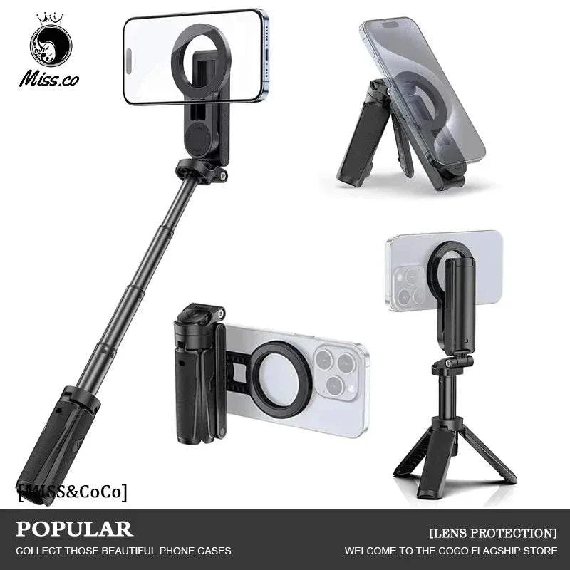 2026 Magnetic Selfie Stick Phone Tripod w Remote Extend Cell Phone Tripod Stand For MagSafe iPhone 16 15 14 13 12 XIAOMI SAMSUNG - SMSB 66
