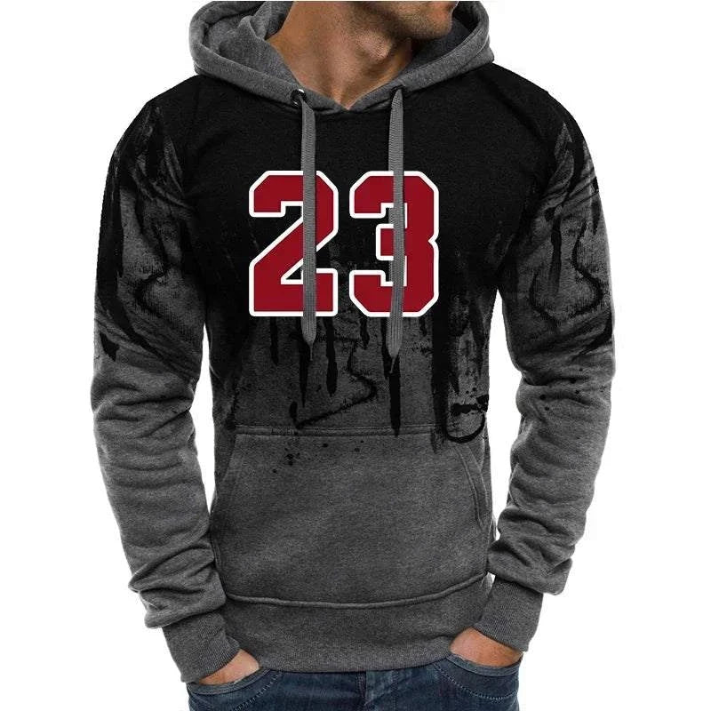 Men's casual hoodies jogging sweatshirt with number 23 print, polyester knit, drawstring hood, autumn winter sportswear