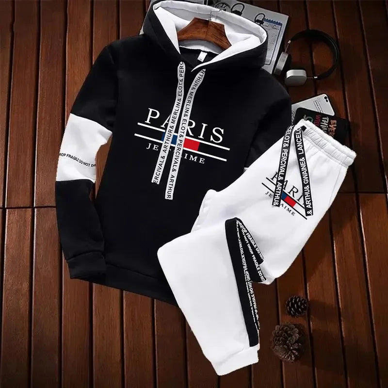 2025 Urban Fashion Street Style Hoodie Sportswear Paris Print Mens Sweatshirt Sweatpants Autumn Winter Casual Sporty Jogger Set - SMSB 66