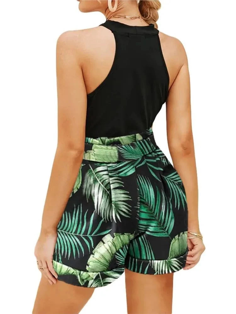 Women's 2-piece Summer Sexy Tank Tops Fashion Beach Suit Slim Short Top Shorts Print Casual Hollow Sleeveless Vest 2 Piece Suit - SMSB 66