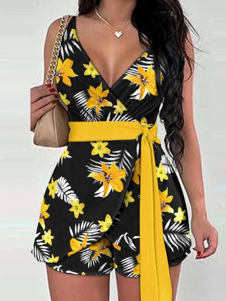 2024 Spring Summer Fashion Floral Slim Casual Two Piece Sets Elegant Women Sexy V-neck Sleeveless Wrap Lace Up Top & Shorts Set - SMSB 66