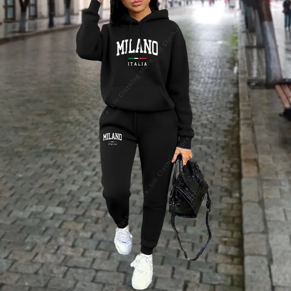 Autumn Winter Women's Sets 2pcs Hoodies Pants Suit Sports Outfits 2025 MILANO Letter Print Aesthetic Clothes Ladies Tracksuit - SMSB 66