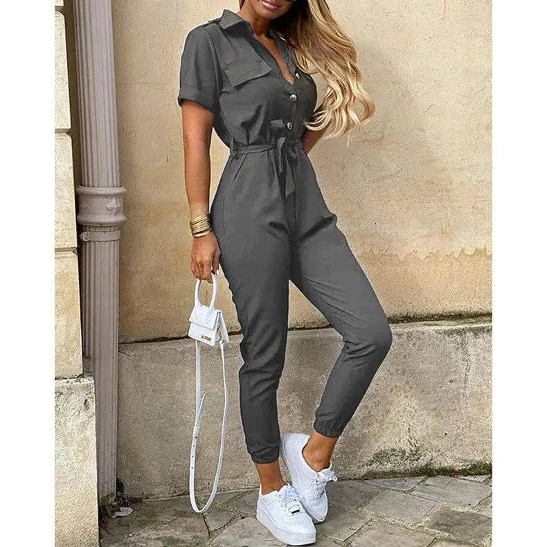 Women's Monochromatic Belt Workwear Jumpsuit, Casual Pants, Flip Collar, Buckle, European and American, Summer, 2024 - SMSB 66