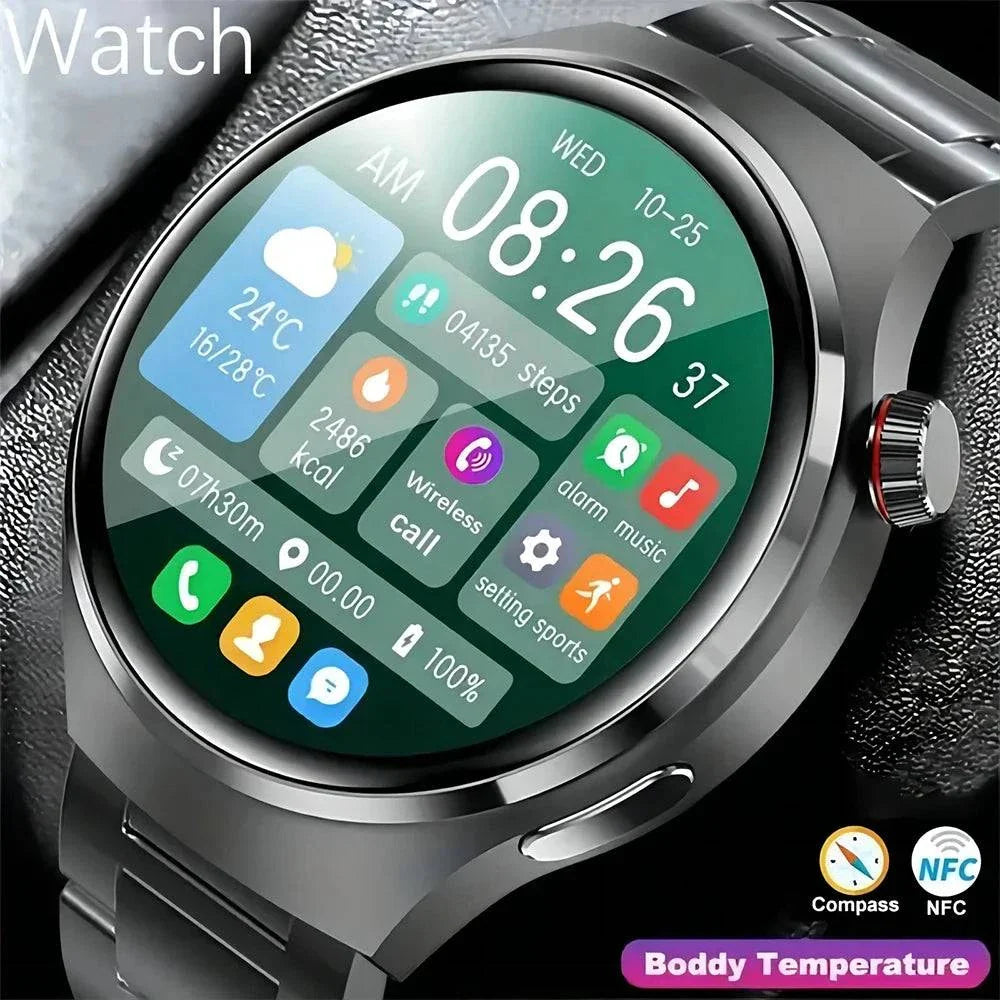 NFC men's smart watch with 1.43-inch AMOLED round screen, Bluetooth call, heart rate and fitness tracking features, metal alloy case, and life waterproof design.