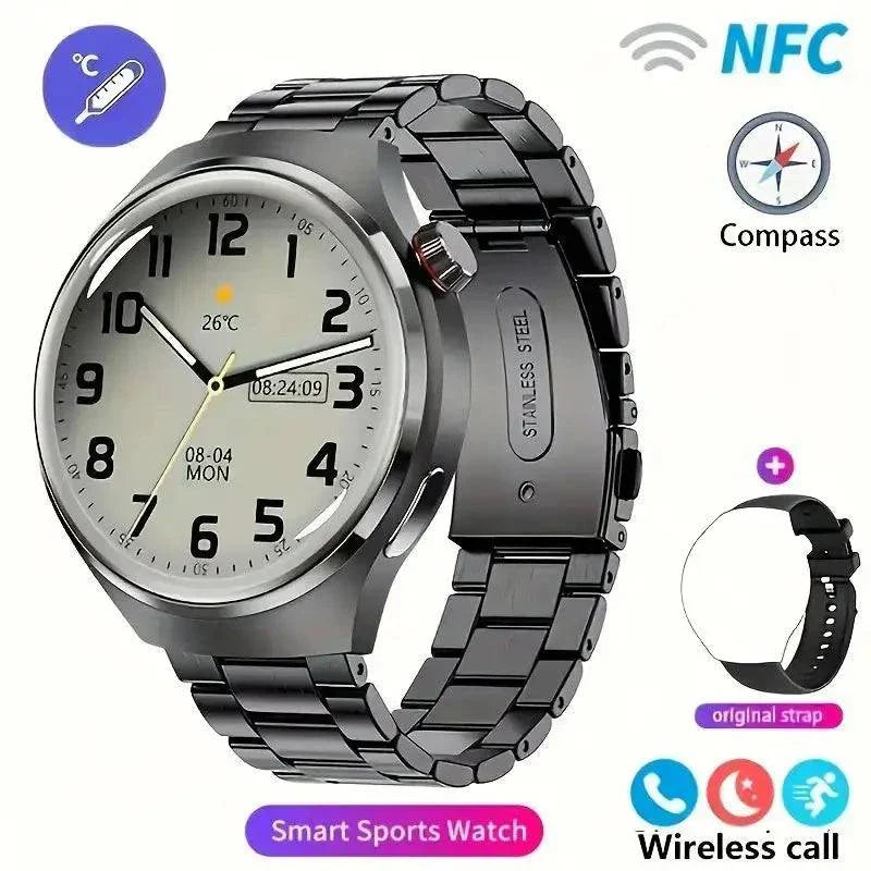 NFC men's smart watch with 1.43-inch AMOLED screen, heart rate monitor, Bluetooth call, GPS, and stainless steel band.
