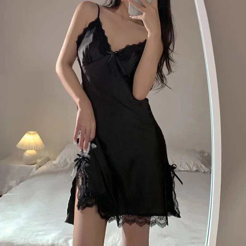 Women Sexy Lace V-neck Sleepwear Suspenders Nightdresses Female Sleeveless Nightwear Sleep Nightdress For Ladies - SMSB 66