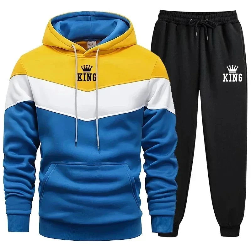 Mens Tracksuit King Printing Sports Suit Sports Hoodie+Pants 2 Piece Suit Casual Sweatshirt Suit Jogging Men's Splicing Clothing - SMSB 66