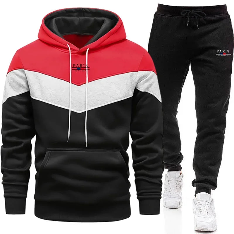 Paris Fashion Men Casual Sportswear Set Hooded Sweatshirt Winter Jogger Tracksuit Autumn Urban Trendy Hoodies Black Sweatpants - SMSB 66