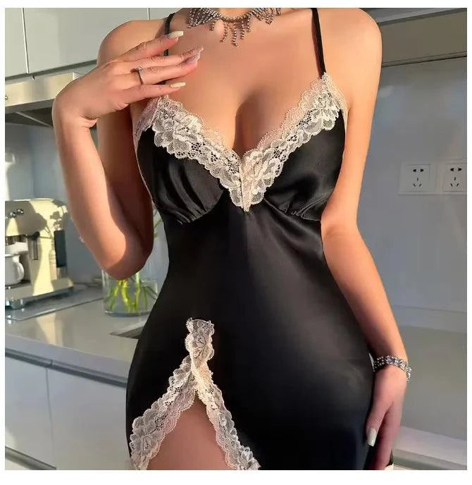 Sexy Backless Mini Female Nightgown Lingerie Summer Chemise Sleepwear Suspender Nightdress White Satin Lace Home Wear Loungewear - SMSB 66