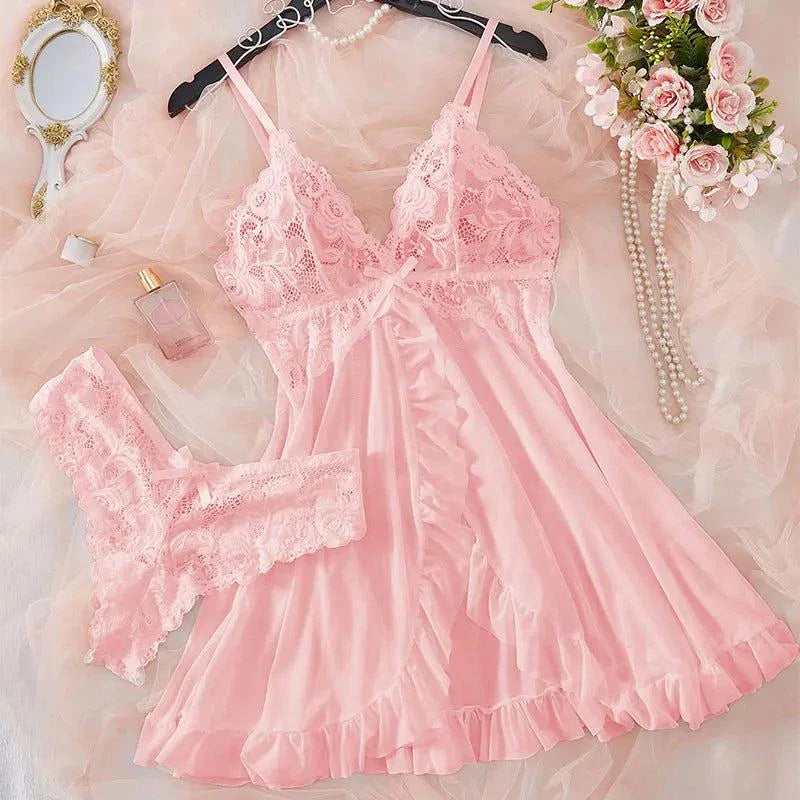 Pink Sweet Nightgown Female Elegant Sleep Dress Hot V-neck Bra Transparent Milk Silk Underwear Women's Pajamas With Panties Set - SMSB 66