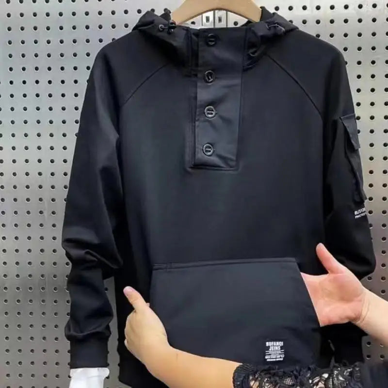 Y2K Techwear Autumn New Button Hooded Tracksuit Men Cotton Cargo Hoodie Fashion Mens Streetwear Pocket Patchwork Black Hoodies - SMSB 66