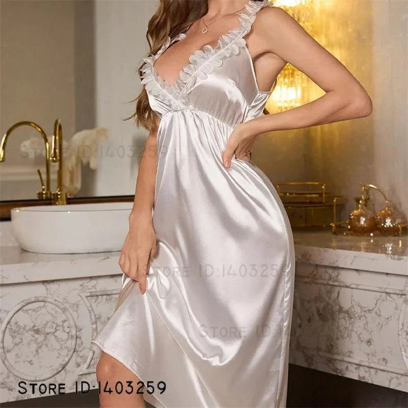 Female Chemise Sleepwear Suspender Nightgown Sexy Lace Night Dress Intimate Lingerie Summer New Silk Satin Homewear Loungewear - SMSB 66