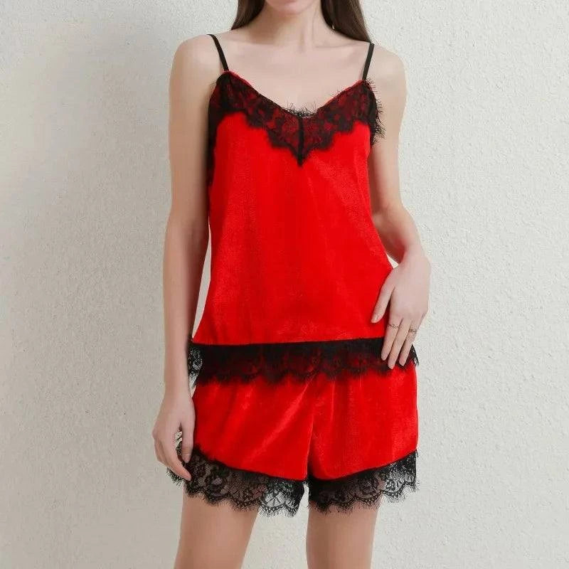 Sexy Lingerie Women Sleep Wear Camisole Bow Shorts V-Neck Tops Velvet Pajamas Sleepwear пижама женская Hot - SMSB 66