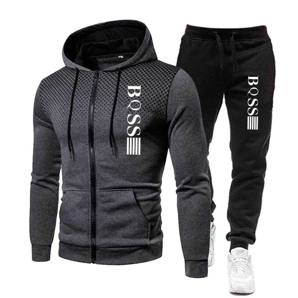 Fashion Print Tracksuit for Men Zipper Hooded Sweatshirt and Sweatpants Two Pieces Suits Male Casual Fitness Jogging Sports Sets - SMSB 66