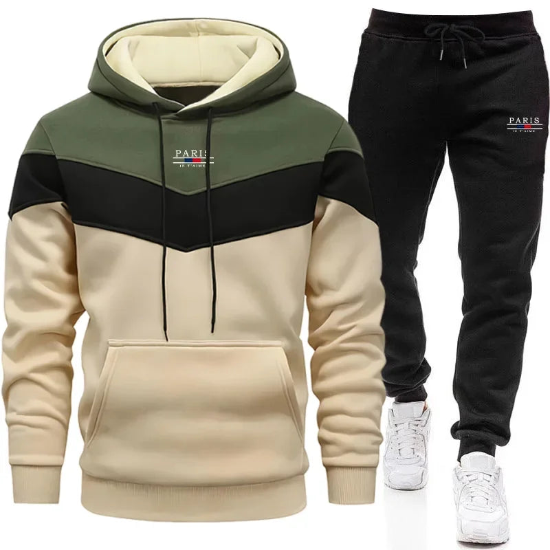 Paris Fashion Men Casual Sportswear Set Hooded Sweatshirt Winter Jogger Tracksuit Autumn Urban Trendy Hoodies Black Sweatpants - SMSB 66