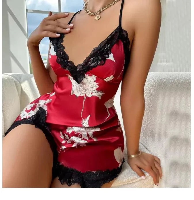 Sexy Backless Mini Female Nightgown Lingerie Summer Chemise Sleepwear Suspender Nightdress White Satin Lace Home Wear Loungewear - SMSB 66