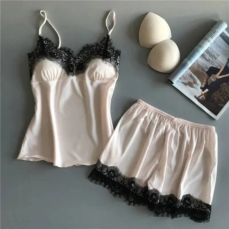 Sexy Lace Pajamas Suit Women V-Neck Sleepwear Lingerie Home Wear Nightwear Summer Casual Suspender Nighties Lounge Sets Clothes - SMSB 66