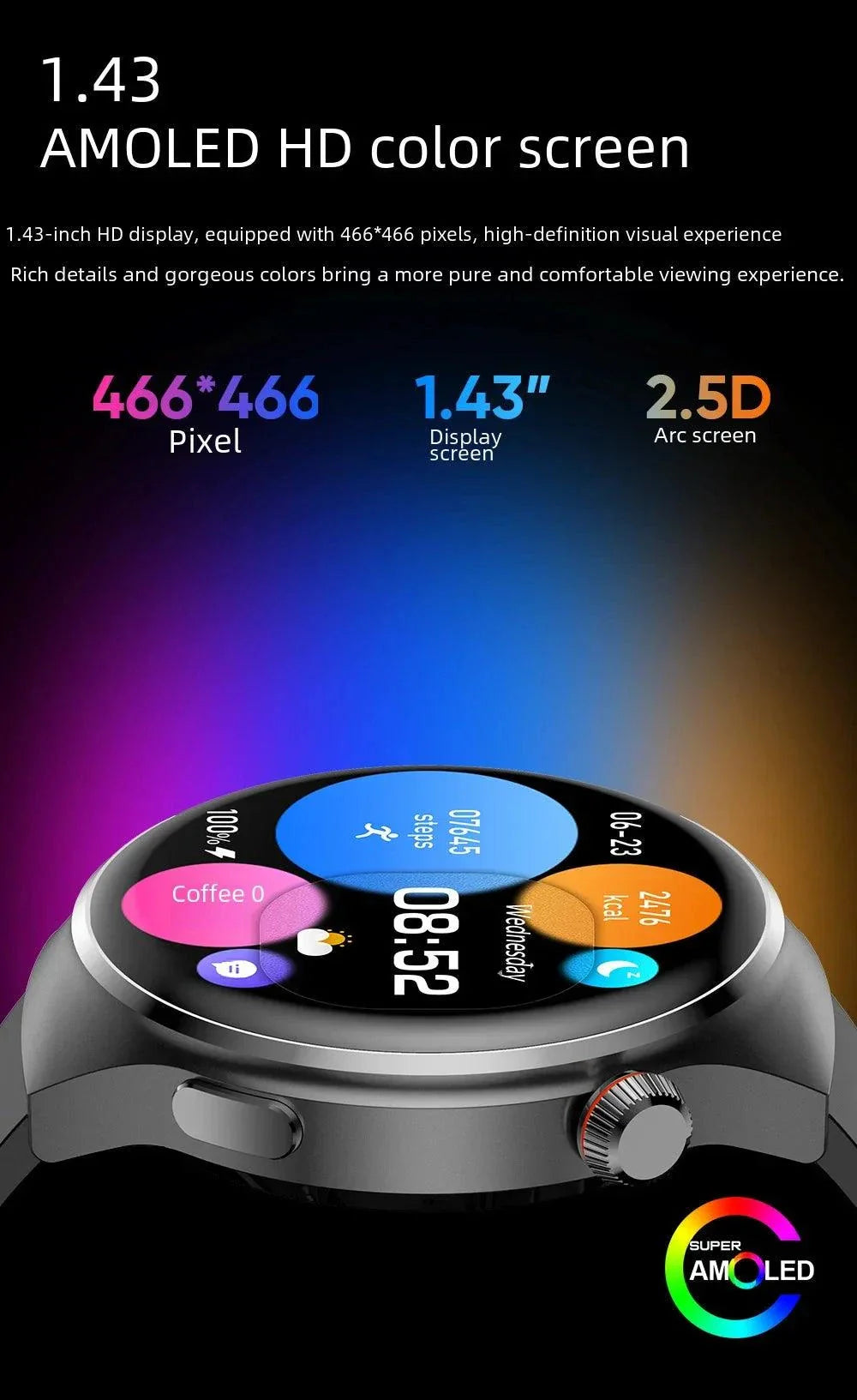NFC men's smart watch with 1.43-inch AMOLED large color screen and high-definition 466x466 pixel display