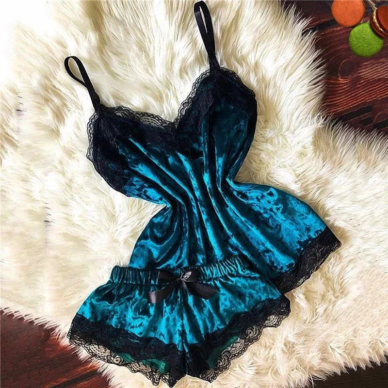 Sexy Lingerie Women Sleep Wear Camisole Bow Shorts V-Neck Tops Velvet Pajamas Sleepwear Women Clothing For Homewear - SMSB 66