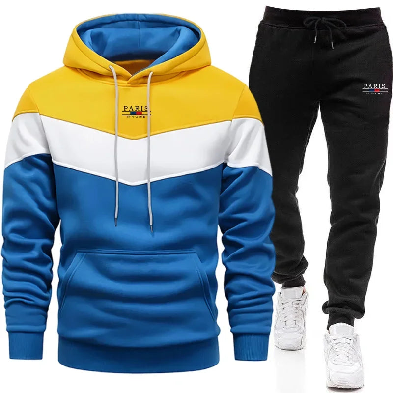 Paris Fashion Men Casual Sportswear Set Hooded Sweatshirt Winter Jogger Tracksuit Autumn Urban Trendy Hoodies Black Sweatpants - SMSB 66