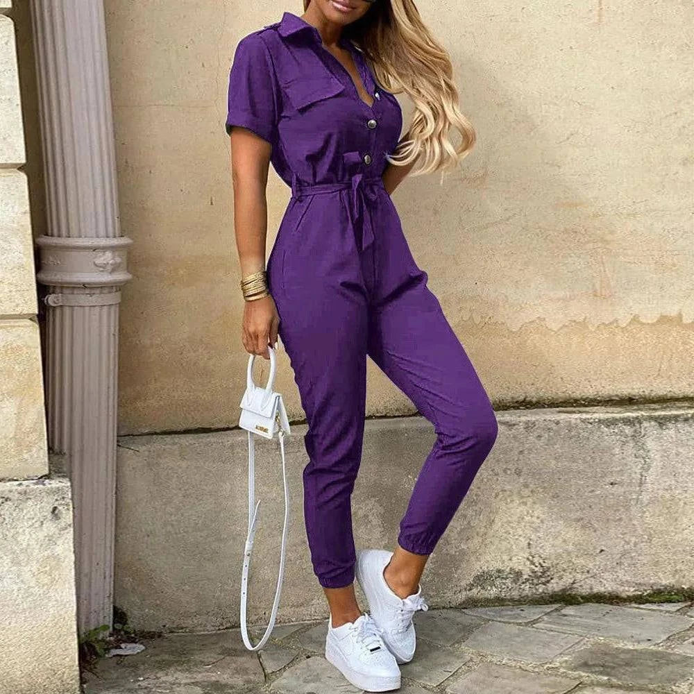 Women's Monochromatic Belt Workwear Jumpsuit, Casual Pants, Flip Collar, Buckle, European and American, Summer, 2024 - SMSB 66
