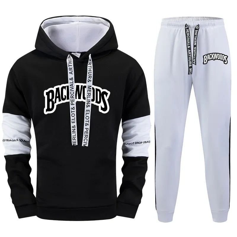 Men's Tracksuit Casual Print Black White Hooded Sweatshirt Sweatpants Jogging High Quality Hot Sales Versatile Outfits Clothing - SMSB 66