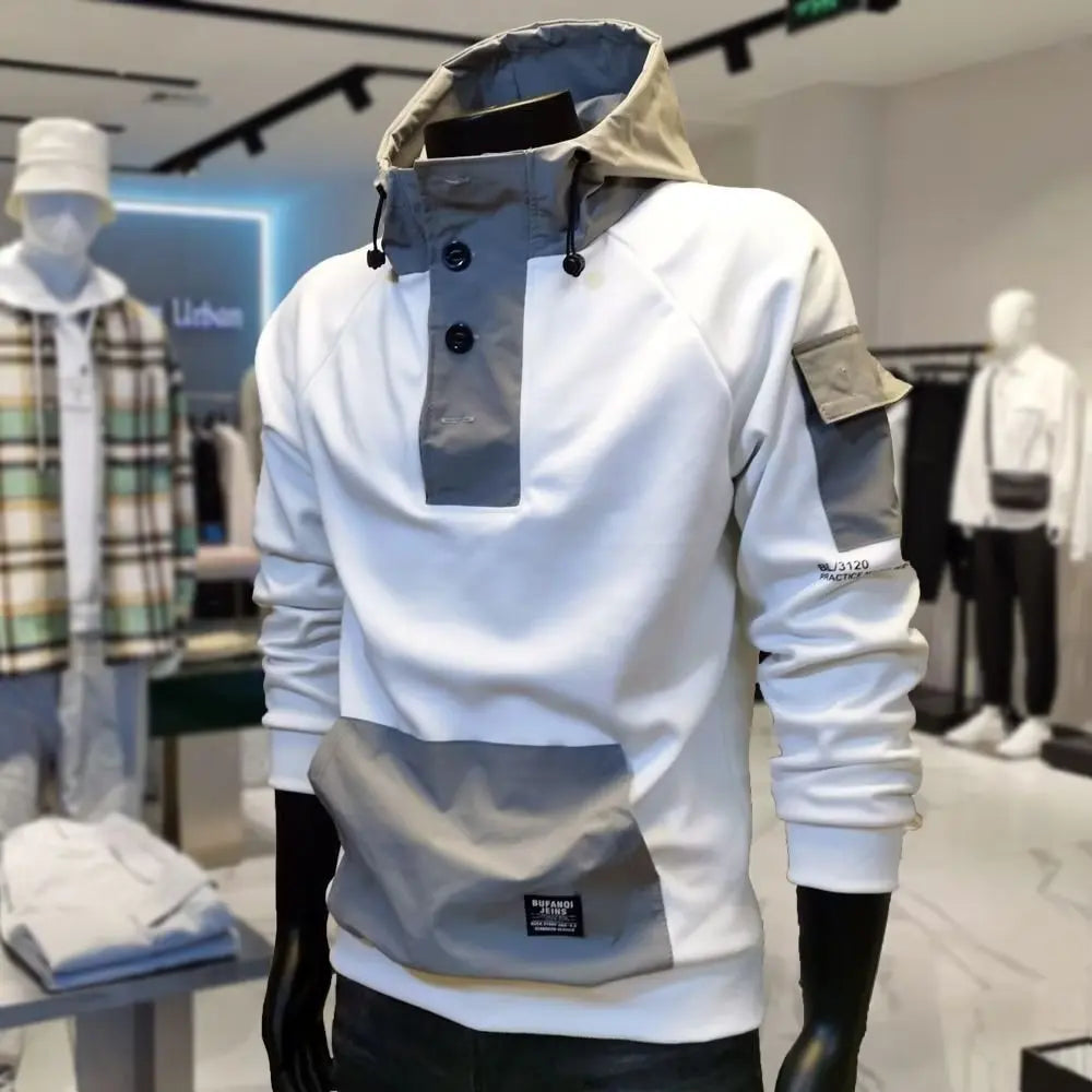 Y2K Techwear Autumn New Button Hooded Tracksuit Men Cotton Cargo Hoodie Fashion Mens Streetwear Pocket Patchwork Black Hoodies - SMSB 66