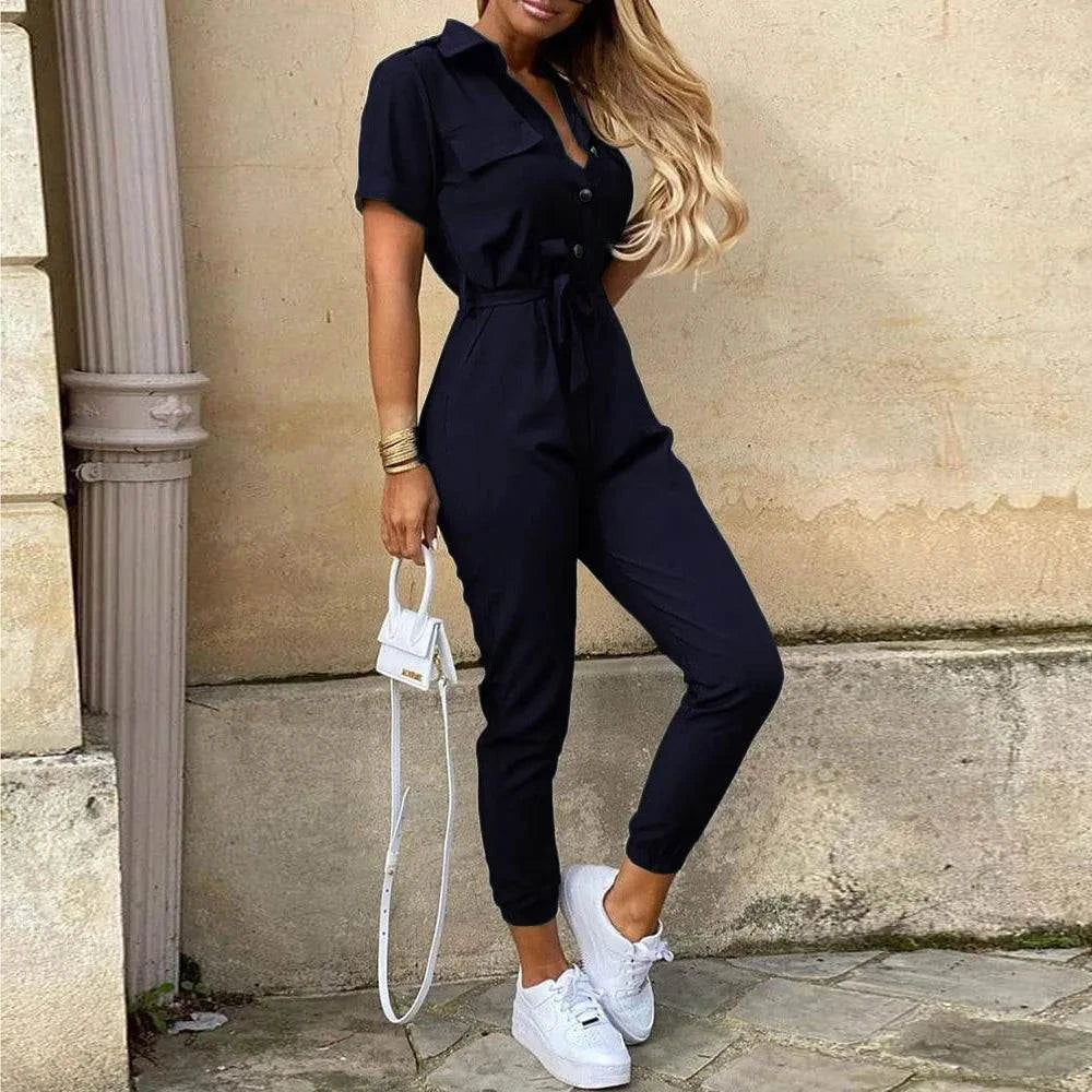 Women's Monochromatic Belt Workwear Jumpsuit, Casual Pants, Flip Collar, Buckle, European and American, Summer, 2024 - SMSB 66