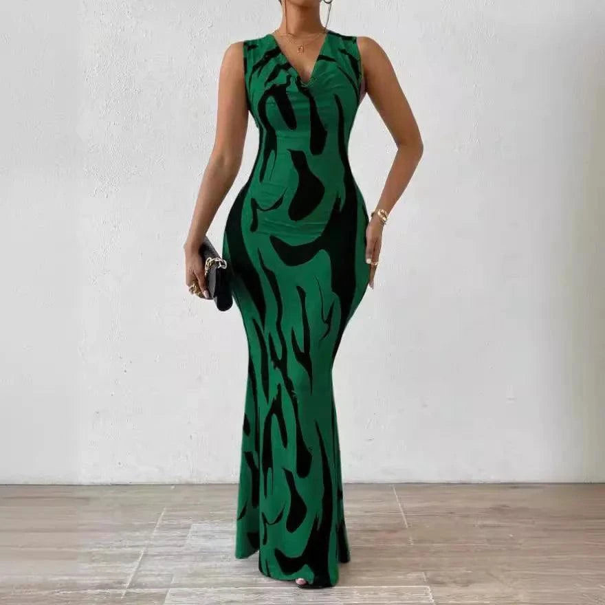 Women Print Dress Sleeveless Splice Slim Fit Long Dresses Midi Waist Wrap Hip Vestidos Elegant Office Lady Summer 2024 - SMSB 66