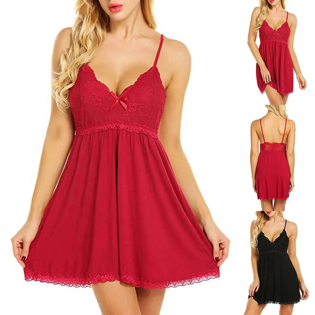 2025 New Sexy Lace Nightgown Womens V Neck Spaghetti Strap Chemise Lingerie Babydoll Sleepwear Mini Dress Nightie Plus Size Hot - SMSB 66