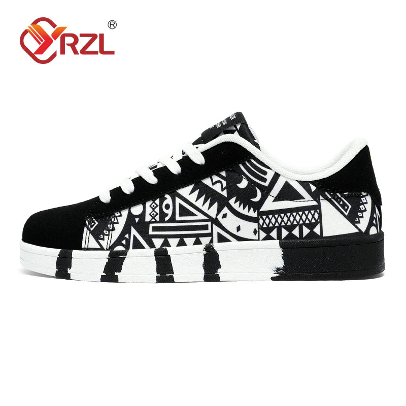 YRZL Men's Sports Running Shoes Canvas Geometric Style Lace-Up Sneakers Couples' Fashionable Graffiti Print Skate Shoes Men - SMSB 66