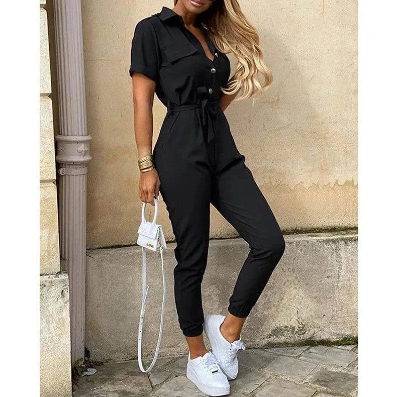 Women's Monochromatic Belt Workwear Jumpsuit, Casual Pants, Flip Collar, Buckle, European and American, Summer, 2024 - SMSB 66