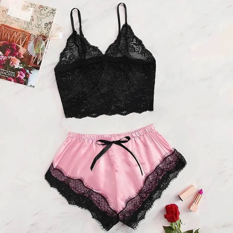 Women's 2 Piece Sexy Lace Pajama Set See-Through Bralette Cami Top and Shorts Breathable Sleepwear Plus Size Summer Lingerie - SMSB 66