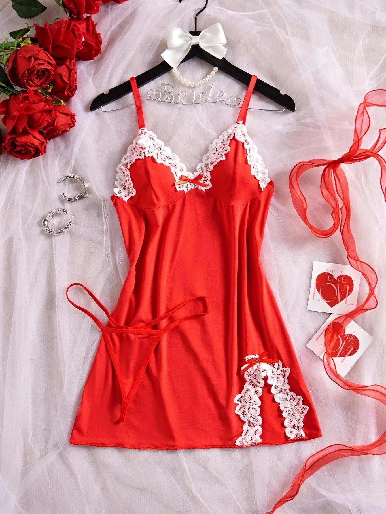 Pink Sweet Nightgown Female Elegant Sleep Dress Hot V-neck Bra Transparent Milk Silk Underwear Women's Pajamas With Panties Set - SMSB 66