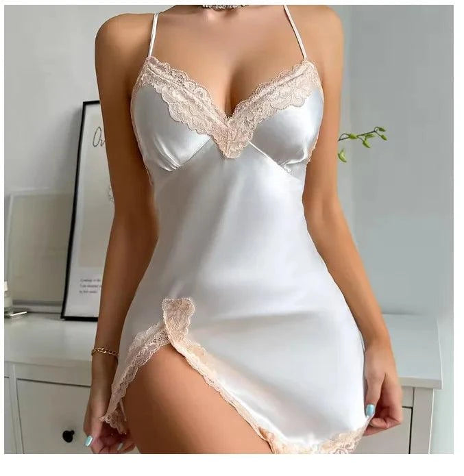Sexy Backless Mini Female Nightgown Lingerie Summer Chemise Sleepwear Suspender Nightdress White Satin Lace Home Wear Loungewear - SMSB 66