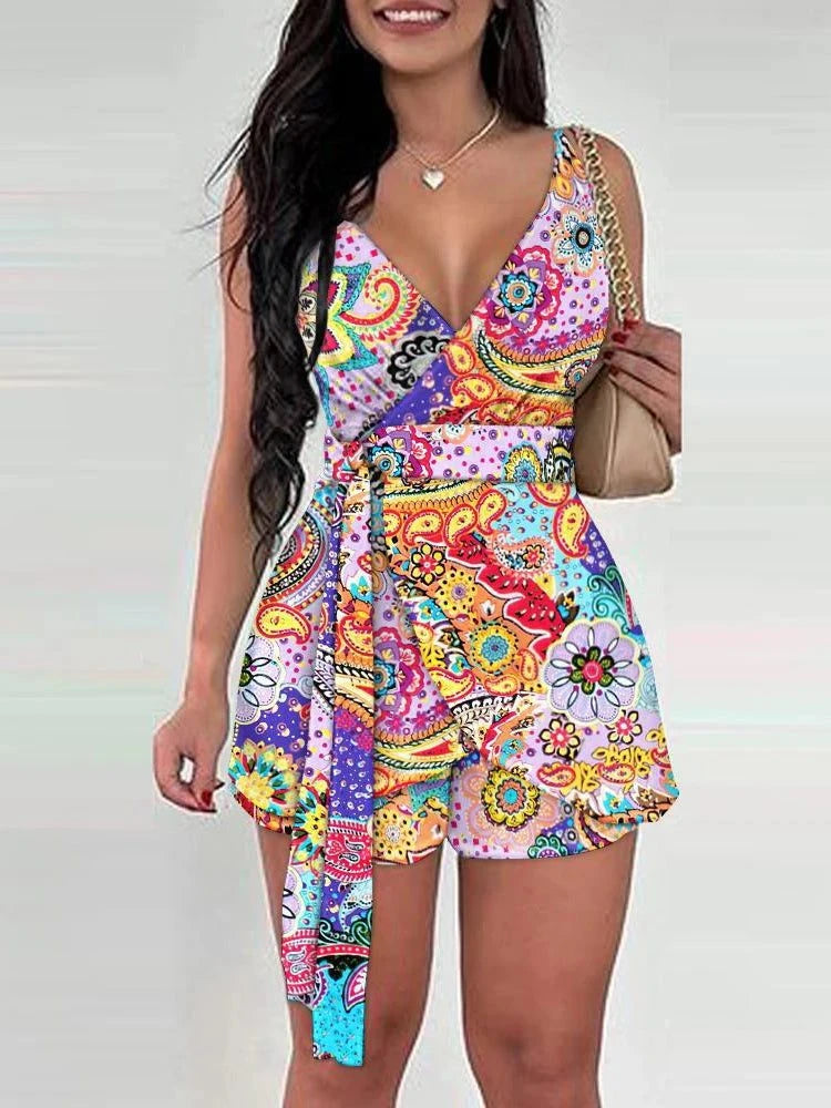 2024 Spring Summer Fashion Floral Slim Casual Two Piece Sets Elegant Women Sexy V-neck Sleeveless Wrap Lace Up Top & Shorts Set - SMSB 66