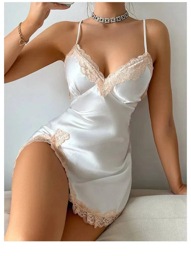 Sexy Backless Mini Female Nightgown Lingerie Summer Chemise Sleepwear Suspender Nightdress White Satin Lace Home Wear Loungewear - SMSB 66