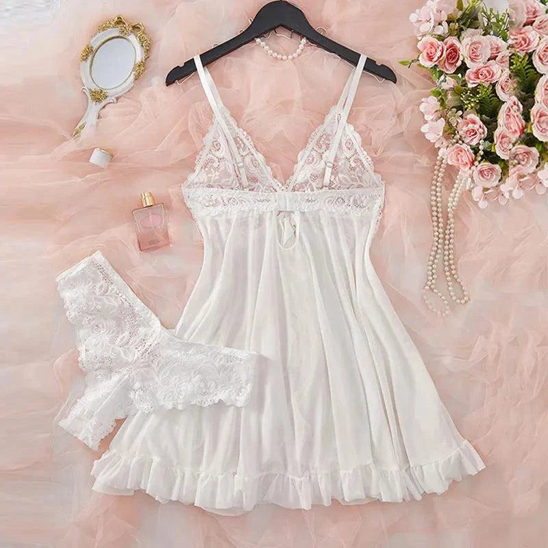 Pink Sweet Nightgown Female Elegant Sleep Dress Hot V-neck Bra Transparent Milk Silk Underwear Women's Pajamas With Panties Set - SMSB 66