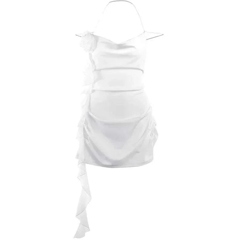 White Ruffle Mini Dress Summer Women Elegant Spaghetti Strap Slim Party Sexy V-neck Backless Vacation Club Outfits 2023 - SMSB 66